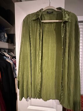 Pleated Olive Green Button-Down Women's Shirt